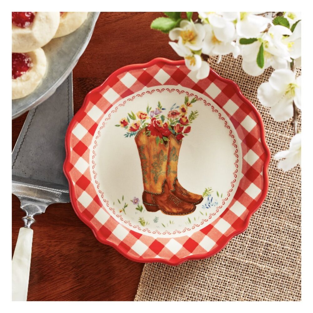 Pioneer Woman Appetizer Plate Red Gingham Dessert Cowboy Boots Ceramic Dish 7in